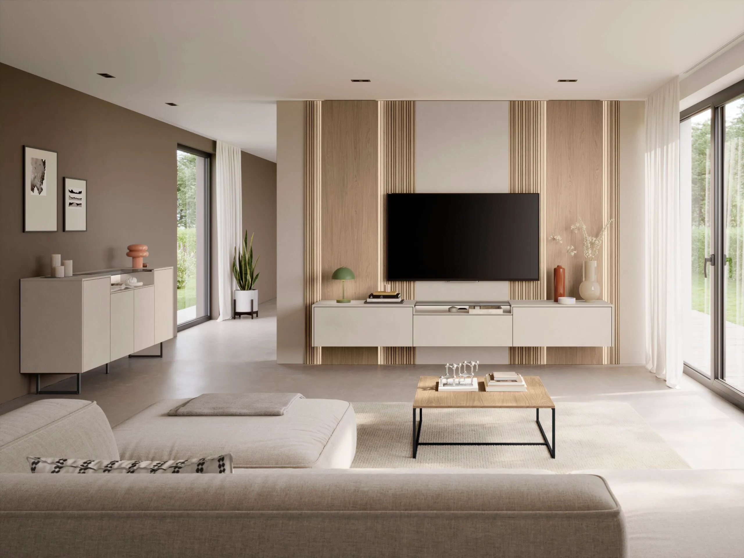 Salon contemporain avec meubles intégrés aux lignes épurées, aménagement KOA Kitchen à Remiremont
