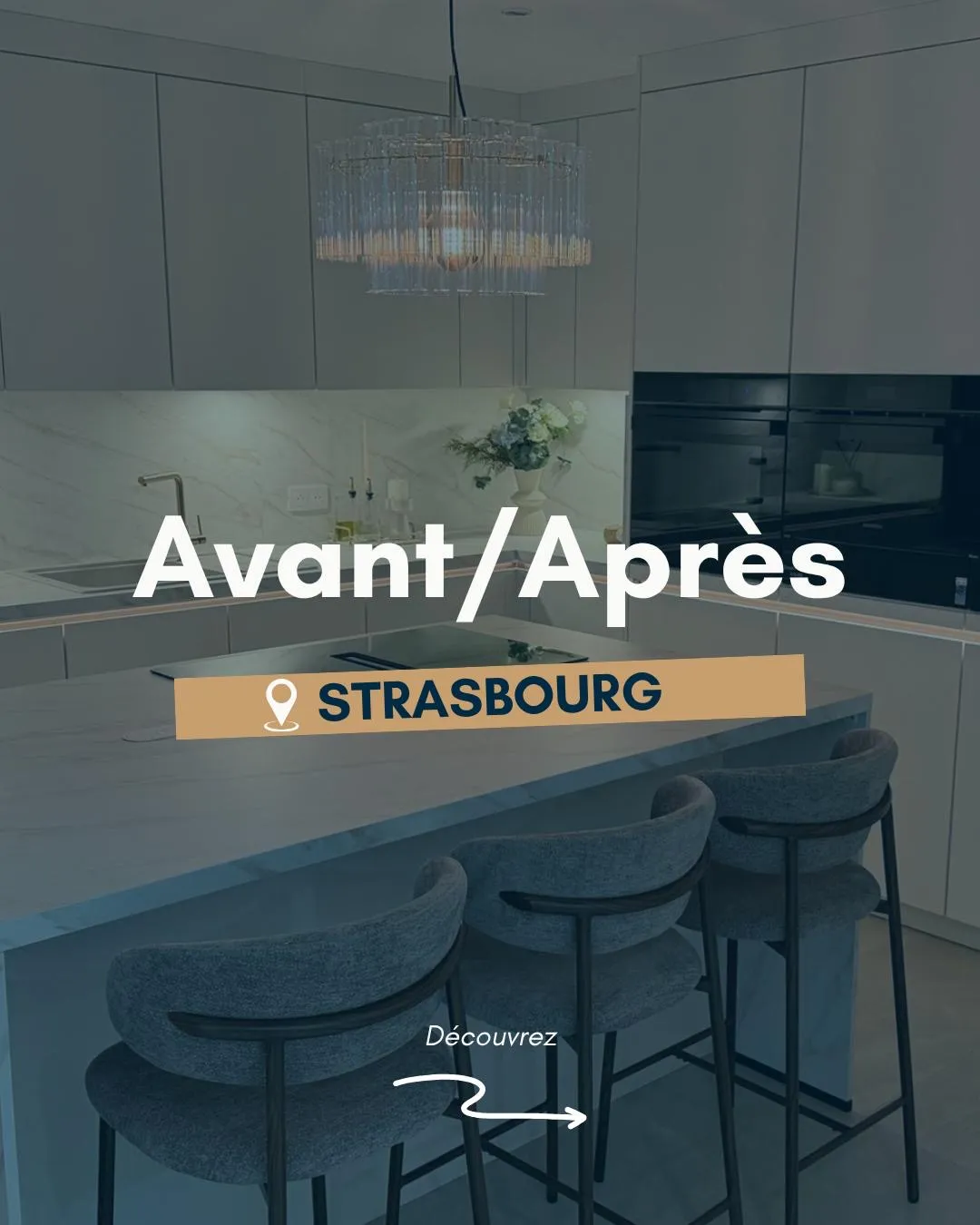 Avant/après d'une cuisine sur mesure avec îlot et lustre à Strasbourg par KOA Kitchen